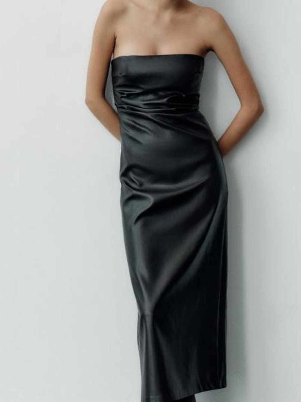 Zara Strapless Black Faux-Leather Midi Dress - Picture 3 of 4